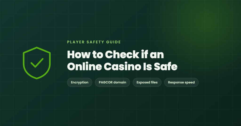Shield icon with the four online casino security checks: encryption, PAGCOR domain, exposed files, response speed
